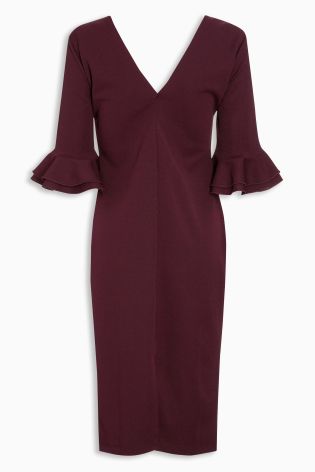 Berry Fluted Sleeve Bodycon Dress